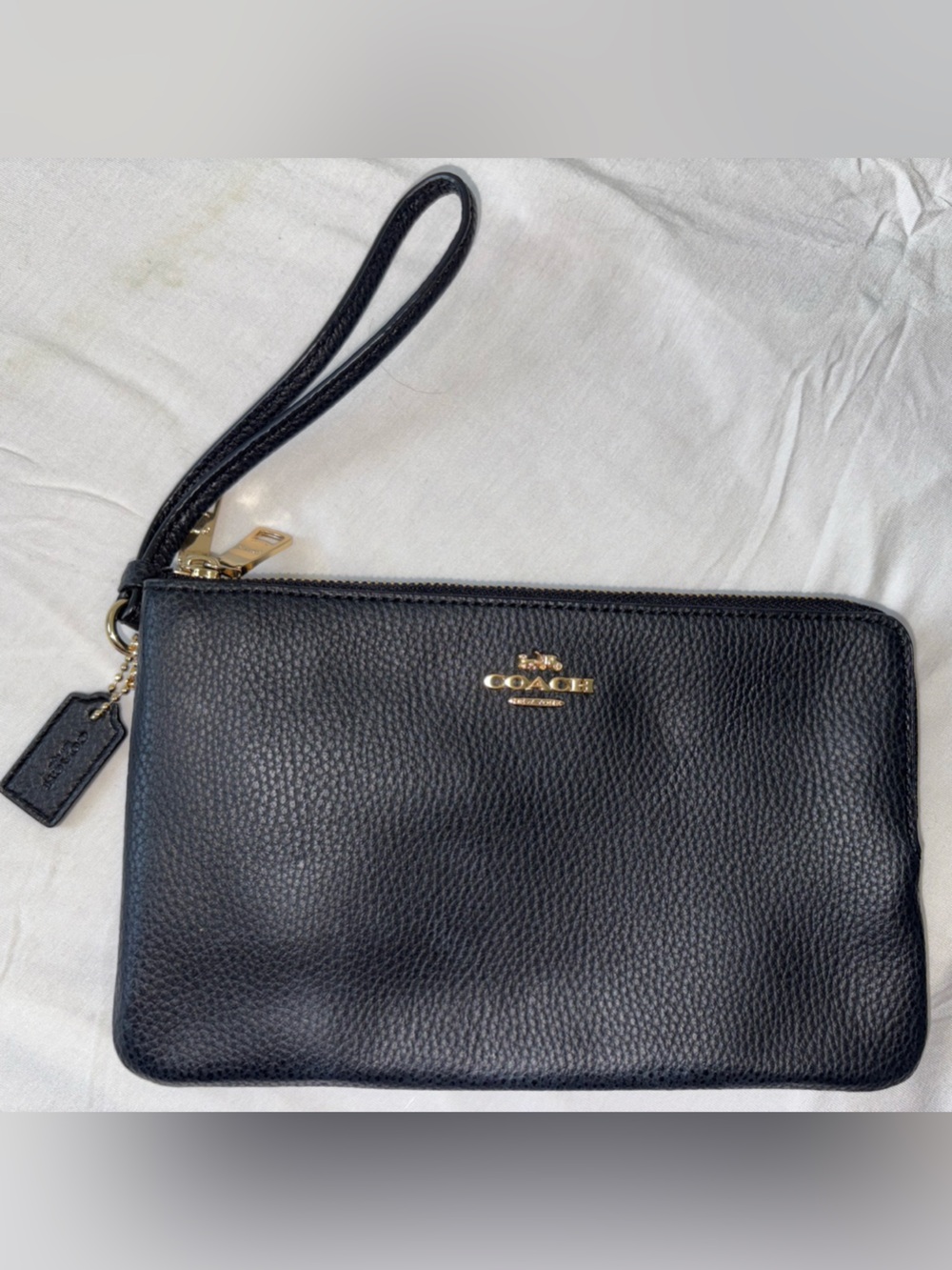 Coach Black Pebbled Leather Wristlet with Gold Logo